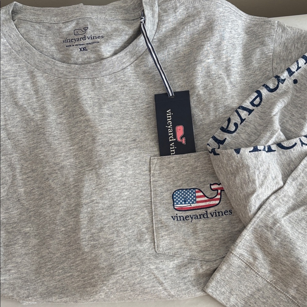 NWT Men’s Vineyard Vines Long Sleeve Tee tshirt USA Flag Whale Heather Gray XXL